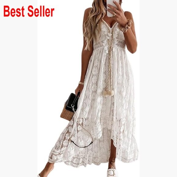 Dresses & Skirts - Cotton Blend Maxi Dress with Lace Tassel Adjustable Straps Sleeveless